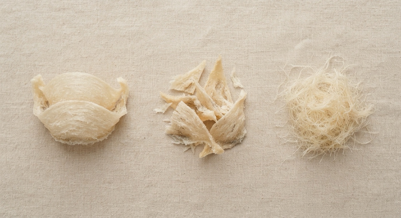Side-by-side comparison of whole cup, strips and strands grades