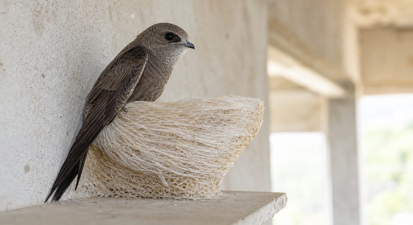 An edible-nest swiftlet beside its partially built translucent saliva-strand nest